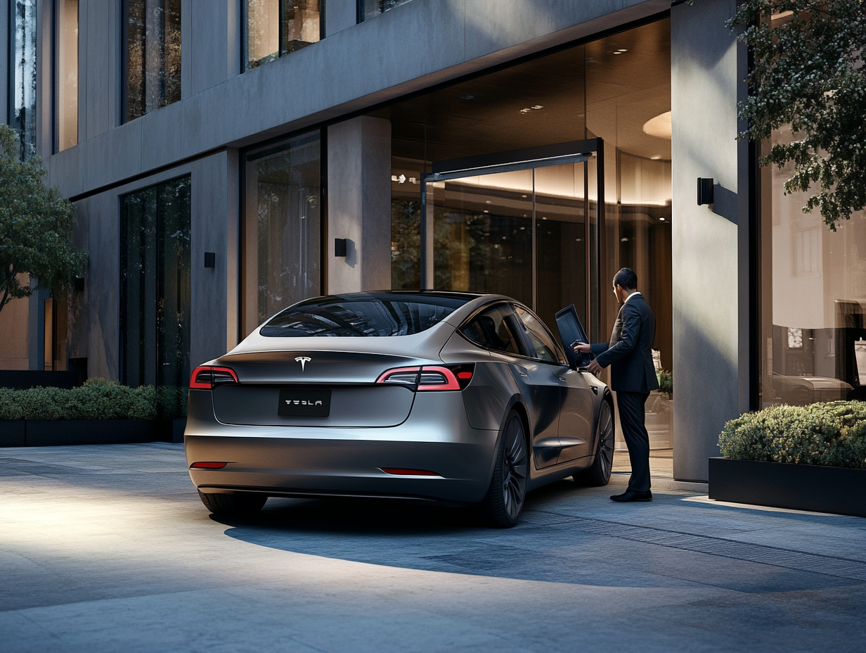 Chauffeur VTC ouvrant la porte de la Tesla